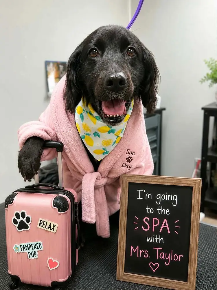 Black dog in a pink Spa Day robe with a sign reading I'm going to the spa with Mrs. Taylor