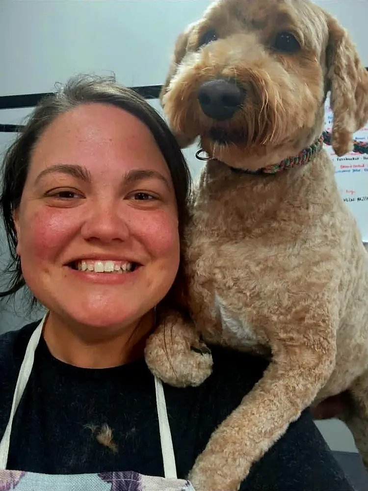 Freshly groomed goldendoodle resting a paw on Taylor's shoulder
